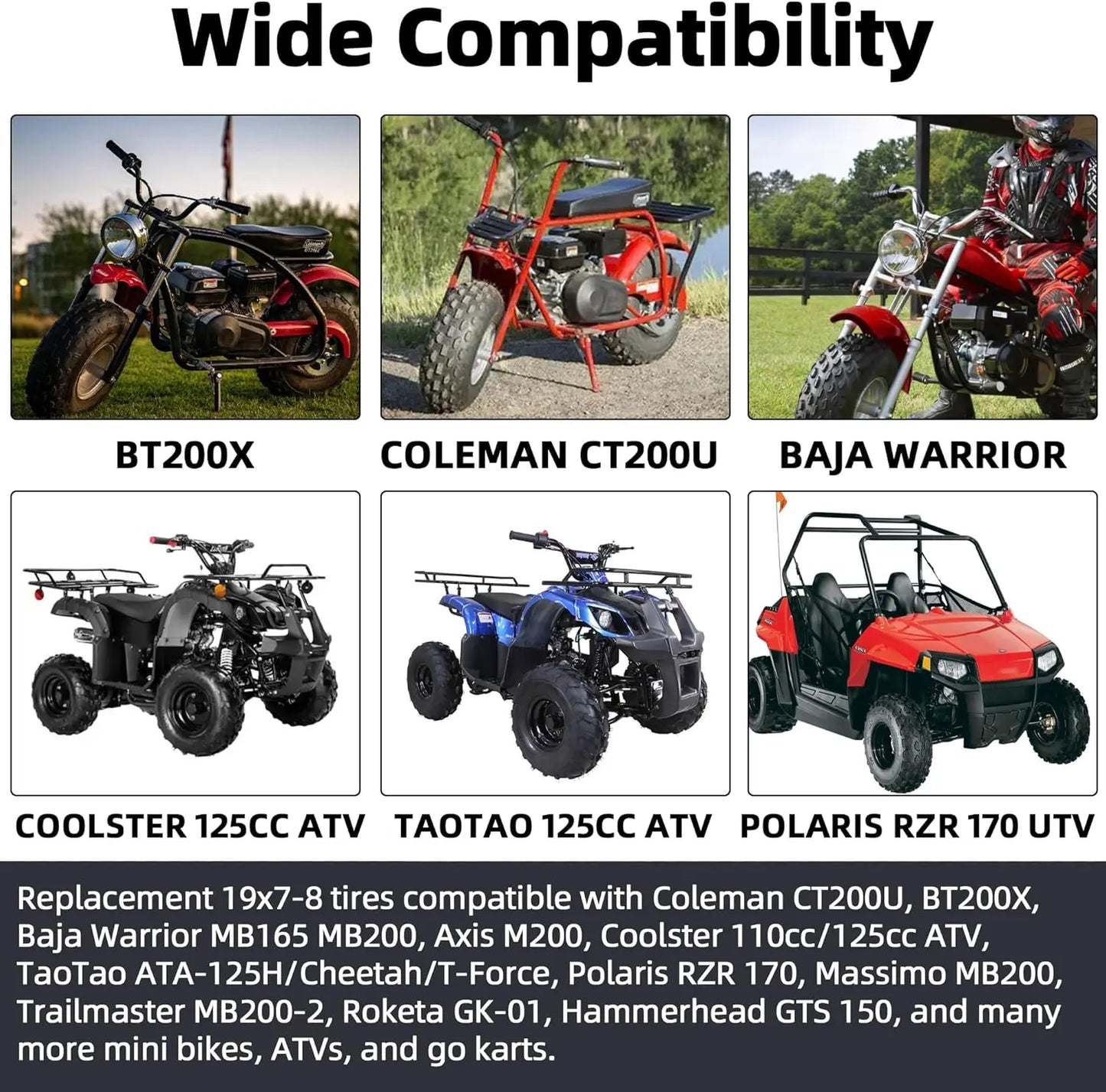 19x7-8 ATV UTV Tires, 4PR Tubeless Tires for Mini Bikes and Go Karts