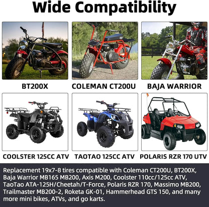 19x7-8 ATV UTV Tires, 4PR Tubeless Tires for Mini Bikes and Go Karts