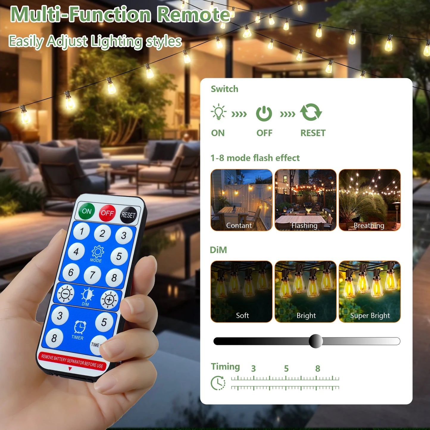 100FT Solar Outdoor String Lights IP65 Waterproof , Shatterproof Replaceable Bulbs, Remote Dimmable