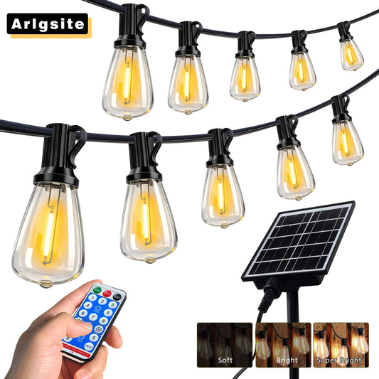 100FT Solar Outdoor String Lights IP65 Waterproof , Shatterproof Replaceable Bulbs, Remote Dimmable