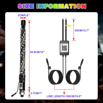 1FT LED Whip Lights APP Remote Control  UTV ATV OFF ROAD vehicles