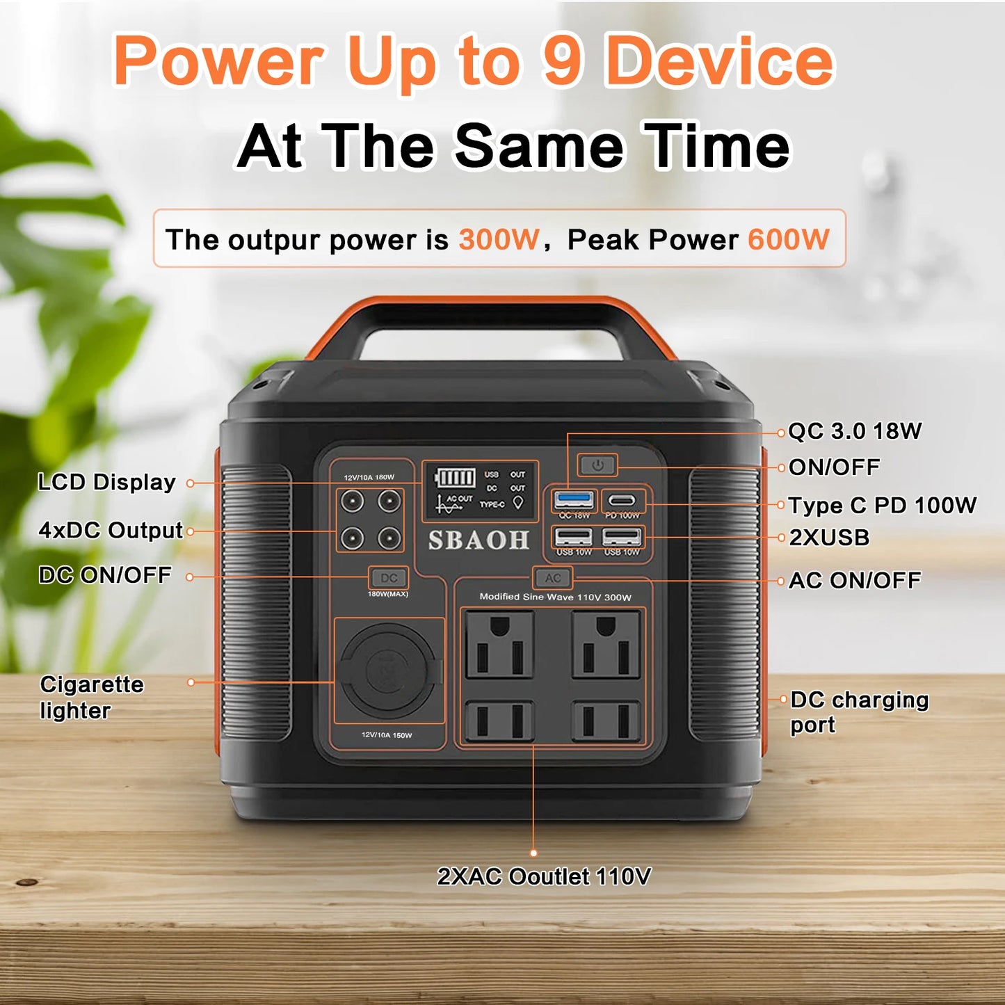 Portable Power Station, 300W 296Wh Solar Generator Quick Charge / 110V AC Outlets/DC Ports and LED Flashlight,