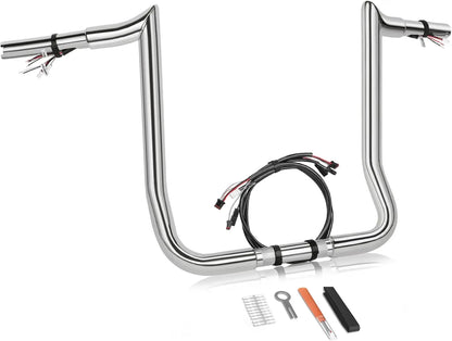 16" Rise Pre-Wired Ape Hangers Handlebars 1 1/4" 1" Clamp Meathook Chrome Fit for Harley Touring