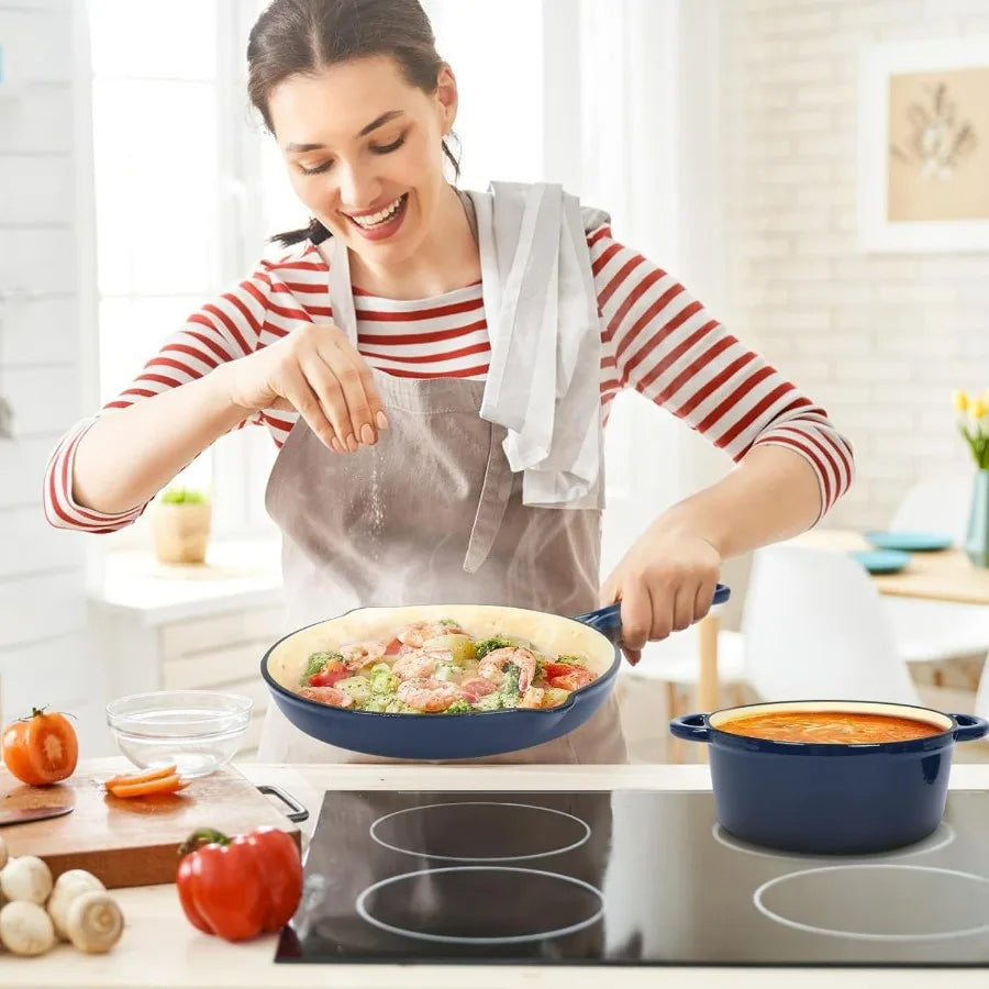 Enameled Cast Iron Cookware Set - 7 Piece Set of Dutch Ovens, Sauce Pan, Skillet, 3 Lids, Dutch Oven Set, Ceramic Coated