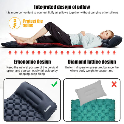 Outdoor Sleeping Pad Camping Inflatable Mattress Built-in Pump  With Headrest