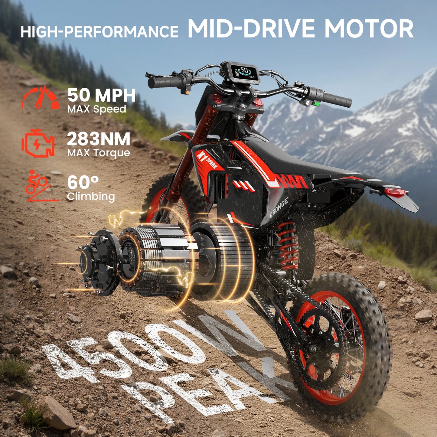 Spark Electric Dirt Bike for Teens Adults 4500W Peak Electric Motorcycle 60V 28.8Ah E-Dirt Bike 60 Mile Range E-Bike
