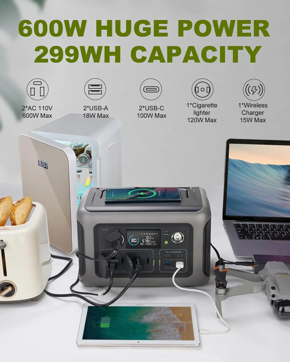Portable Power Station R600, 299Wh LiFeP04 Battery with 2x 600W (1200W Surge) AC Outlets