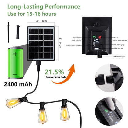 100FT Solar Outdoor String Lights IP65 Waterproof , Shatterproof Replaceable Bulbs, Remote Dimmable