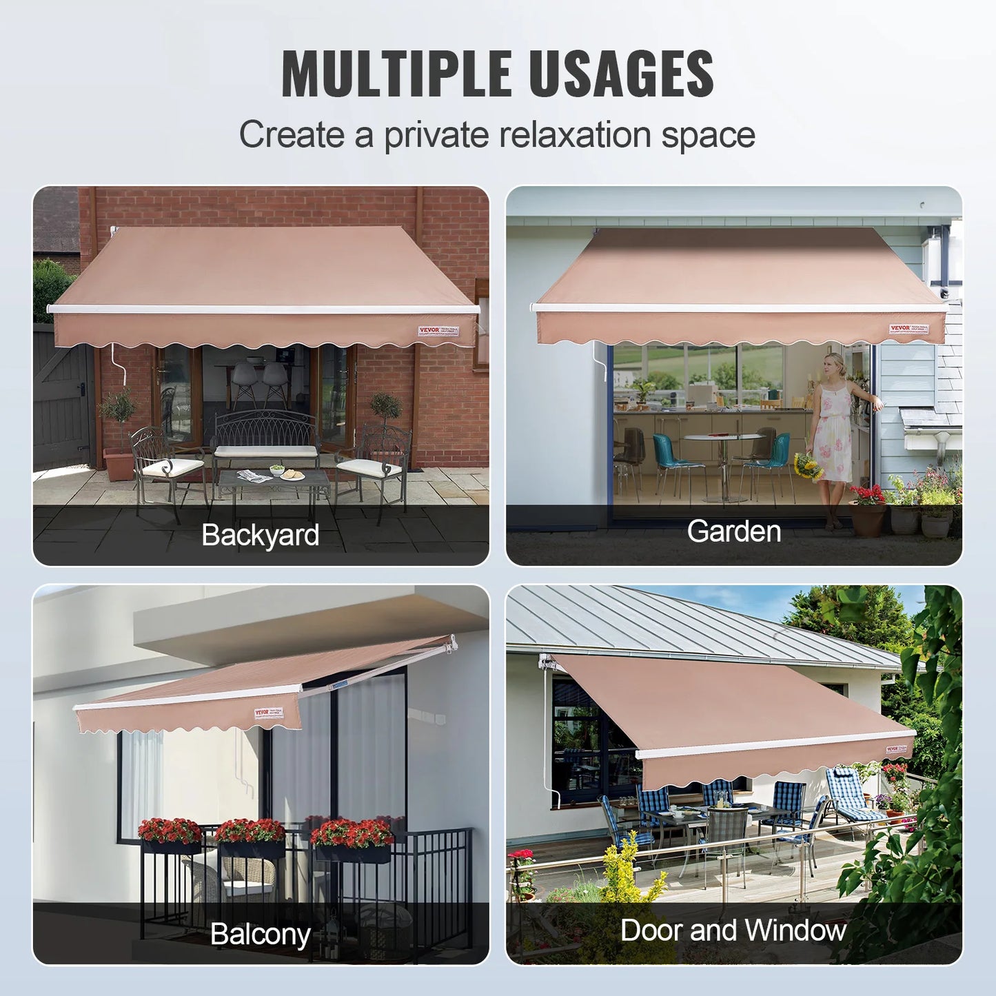 Manual Retractable Outdoor Awning Sun Shade Water-Resistant Polyester