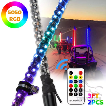 3FT LED Whip Light With App Remote Control Spiral  Whip Light for UTV ATV  Offroad Truck