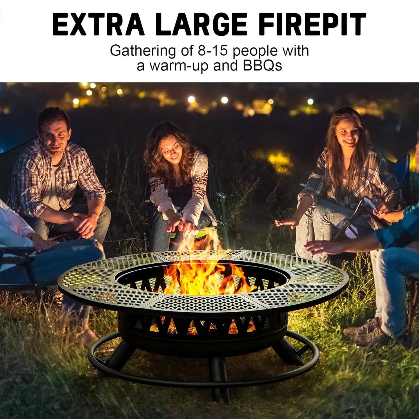 47Inch Fire Pit With 2Grills,Outdoor Extra Large Firepits For Outside,3-in-1 Round Metal Table With Lid