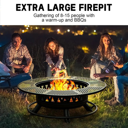 47Inch Fire Pit With 2Grills,Outdoor Extra Large Firepits For Outside,3-in-1 Round Metal Table With Lid