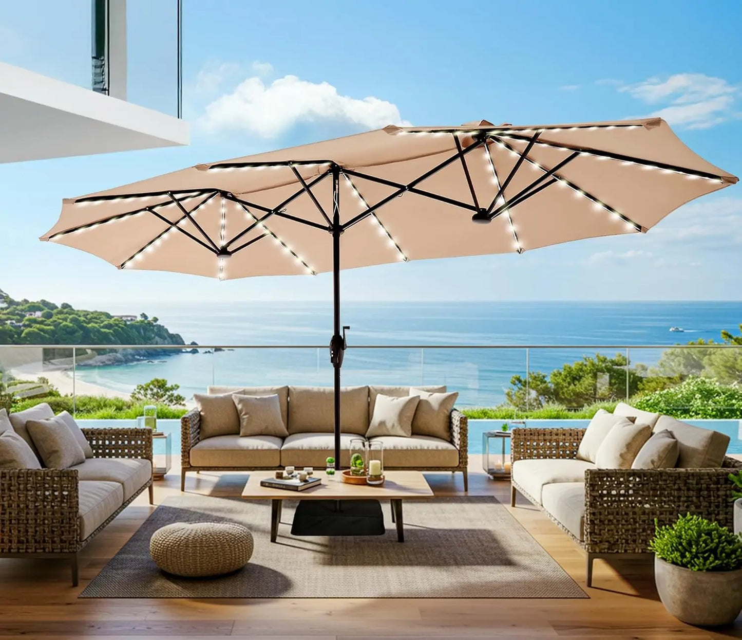 13ft Outdoor Patio Umbrella with Solar Lights,Pool Umbrella, Fade Resistant Canopy Beige