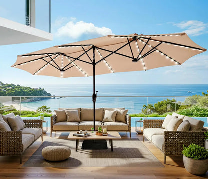 13ft Outdoor Patio Umbrella with Solar Lights,Pool Umbrella, Fade Resistant Canopy Beige