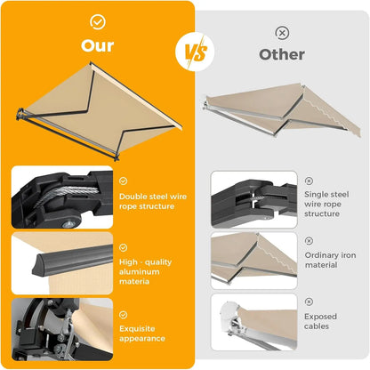 Manual Retractable Patio Awning, UV & Waterproof Polyester Cover, Aluminum Frame