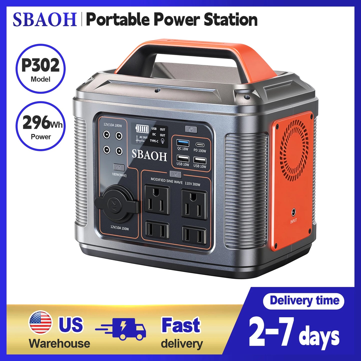 Portable Power Station, 300W 296Wh Solar Generator Quick Charge / 110V AC Outlets/DC Ports and LED Flashlight,