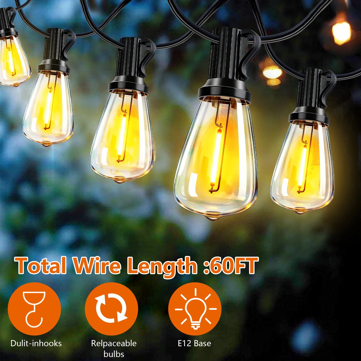 100FT Solar Outdoor String Lights IP65 Waterproof , Shatterproof Replaceable Bulbs, Remote Dimmable