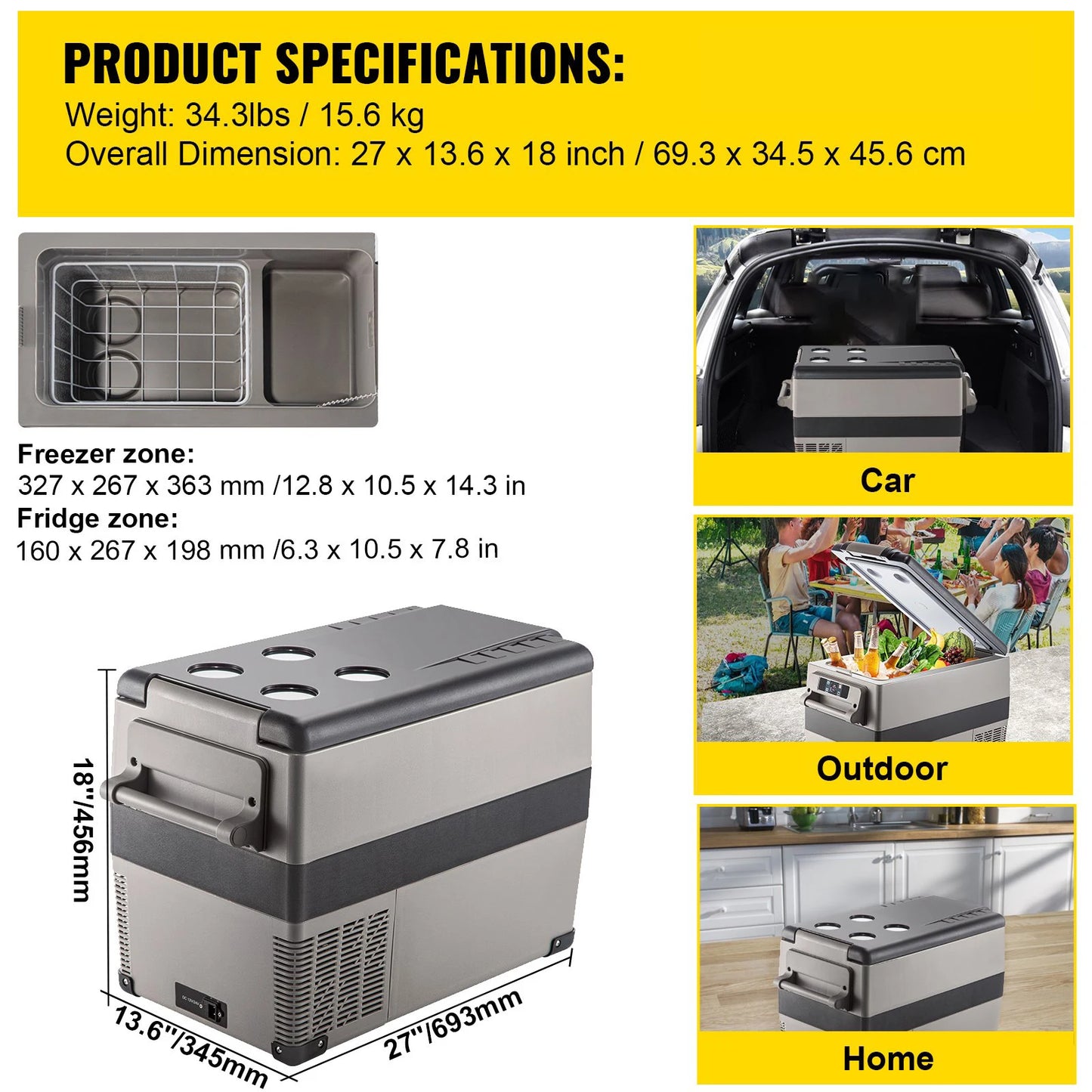 Car Refrigerator, 12V Car Fridge, -4℉-50℉ Adjustable Range,12/24V DC and 100-240V AC Compressor Cooler for Outdoor