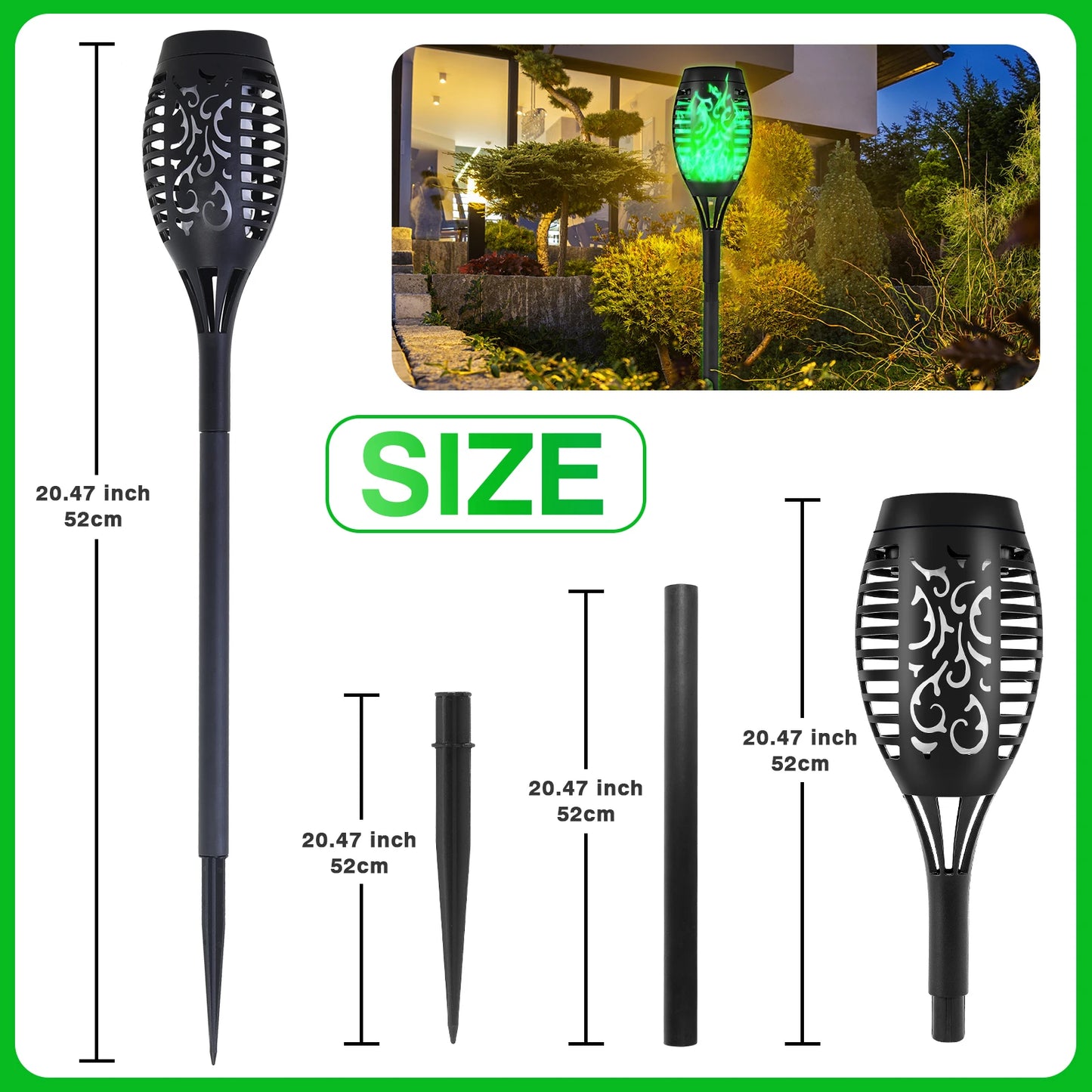 Green Solar Flame Light Outdoor with Flickering Flame Waterproof