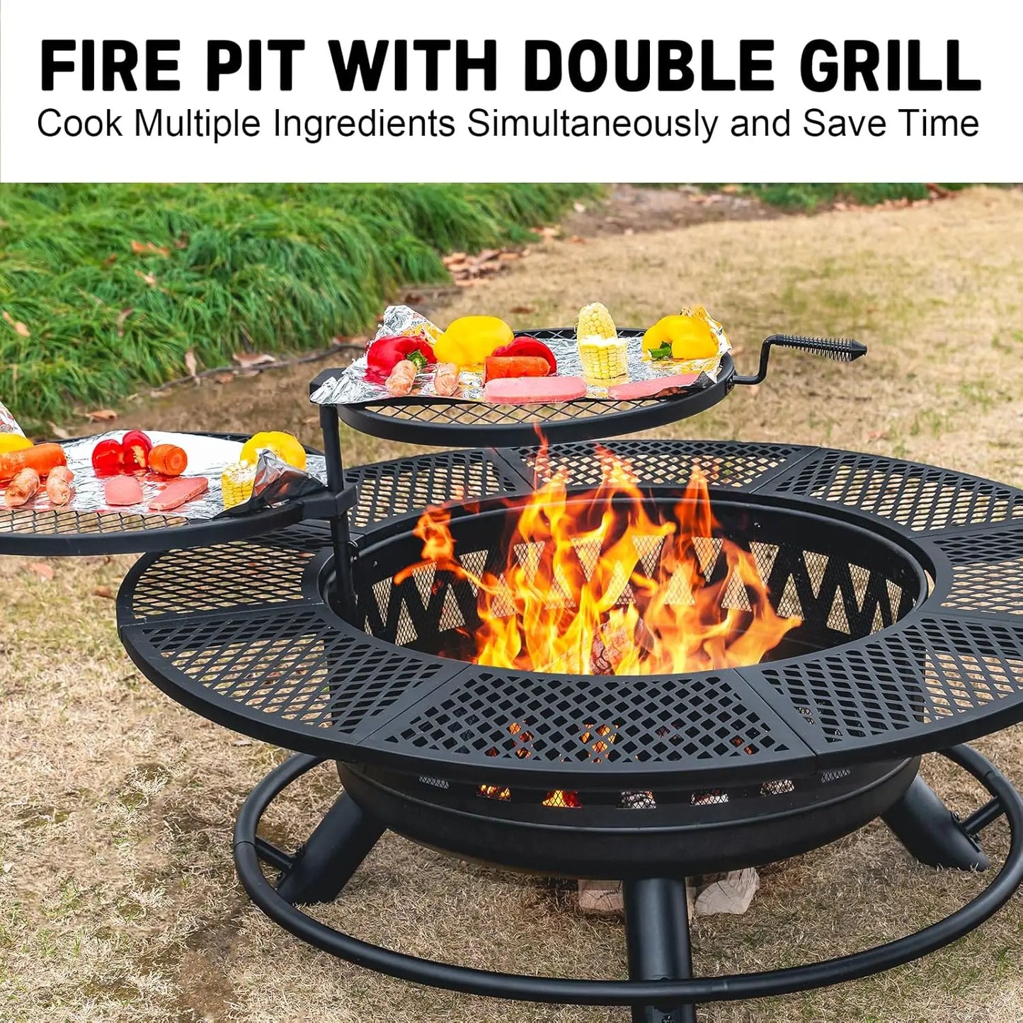 47Inch Fire Pit With 2Grills,Outdoor Extra Large Firepits For Outside,3-in-1 Round Metal Table With Lid