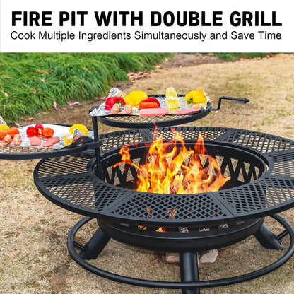 47Inch Fire Pit With 2Grills,Outdoor Extra Large Firepits For Outside,3-in-1 Round Metal Table With Lid