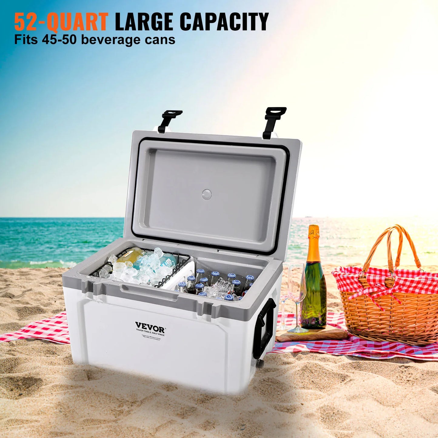 25/33/45/52QT Portable Hard Cooler Fully Insulated Ice Chest Cooling Box Goods Basket