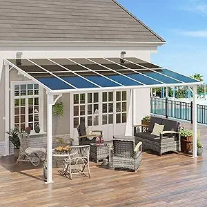 10' x 14' Wall Mounted Lean to Metal Awnings with Sloped Roof, White Outdoor