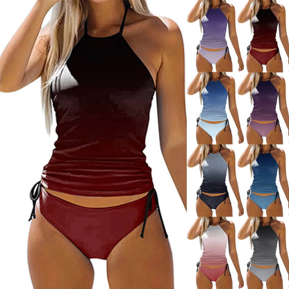 Women Gradient Ruched Split Swimsuit 2024 New Lace Up Backless Tankinis Set Summer Brazilian Bikini Set New Beach Bathing Suit