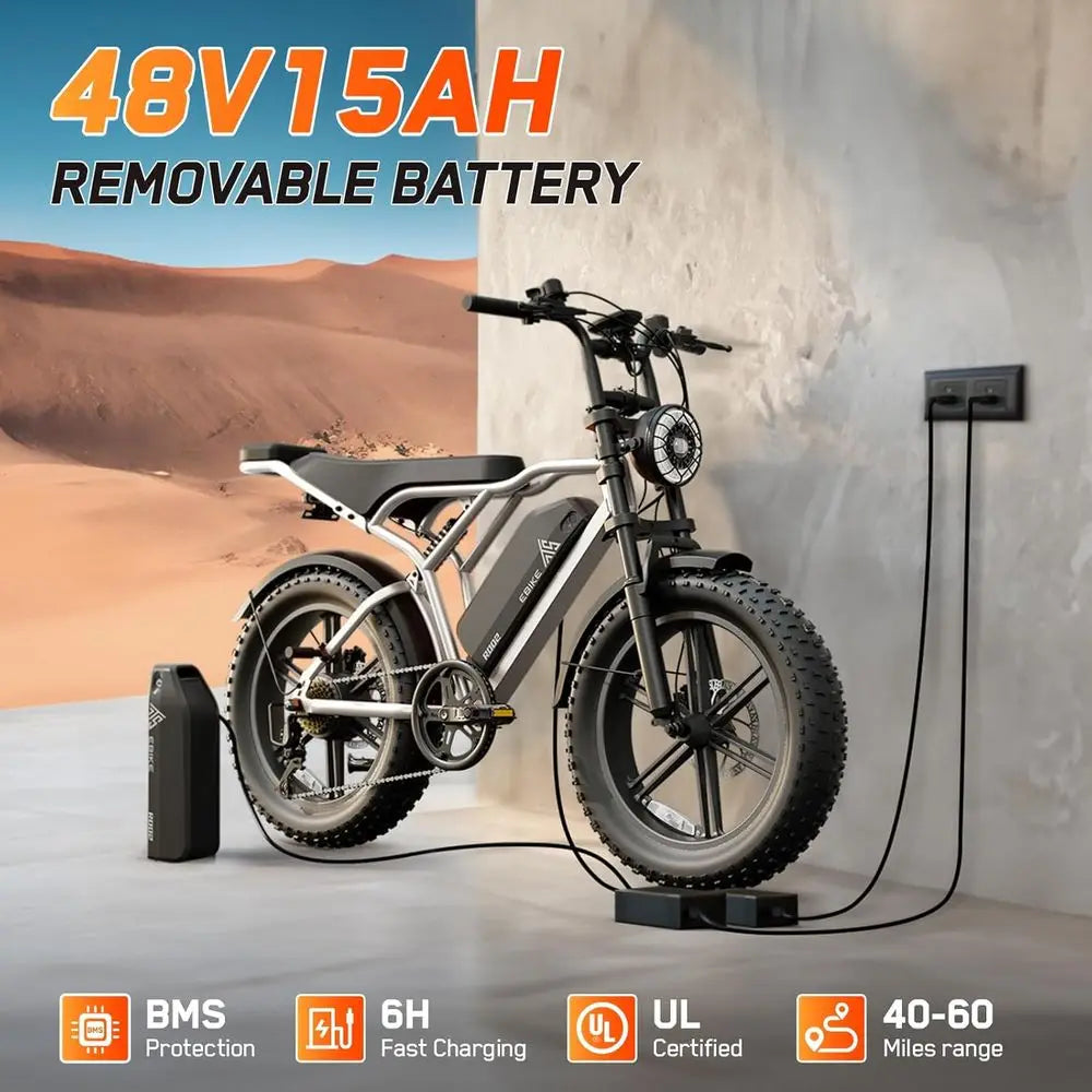 1500W Peak Electric Bike, 28 MPH, 60-100 Miles Range, 48V Battery Fat Tires, 7-Speed Suspension