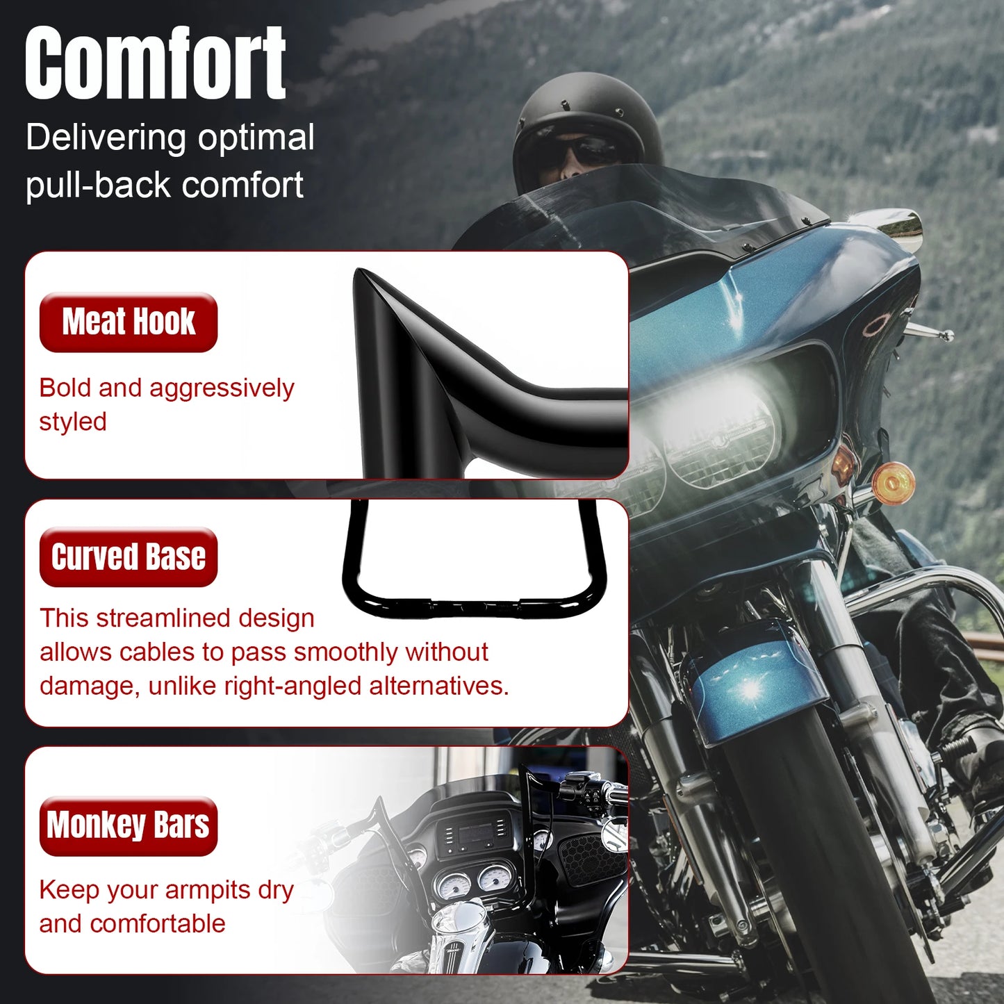 16inch Ape Hangers Meathook Monkey Bar Bagger Compatible with Harley (No Heated Grip Wires)