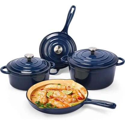 Enameled Cast Iron Cookware Set - 7 Piece Set of Dutch Ovens, Sauce Pan, Skillet, 3 Lids, Dutch Oven Set, Ceramic Coated