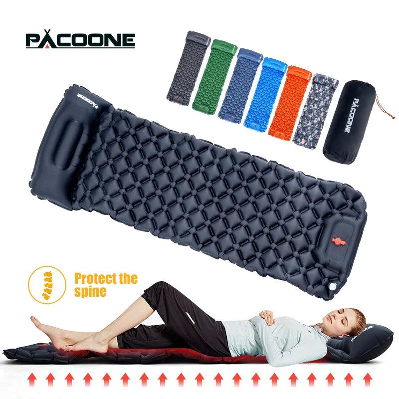 Outdoor Sleeping Pad Camping Inflatable Mattress Built-in Pump  With Headrest