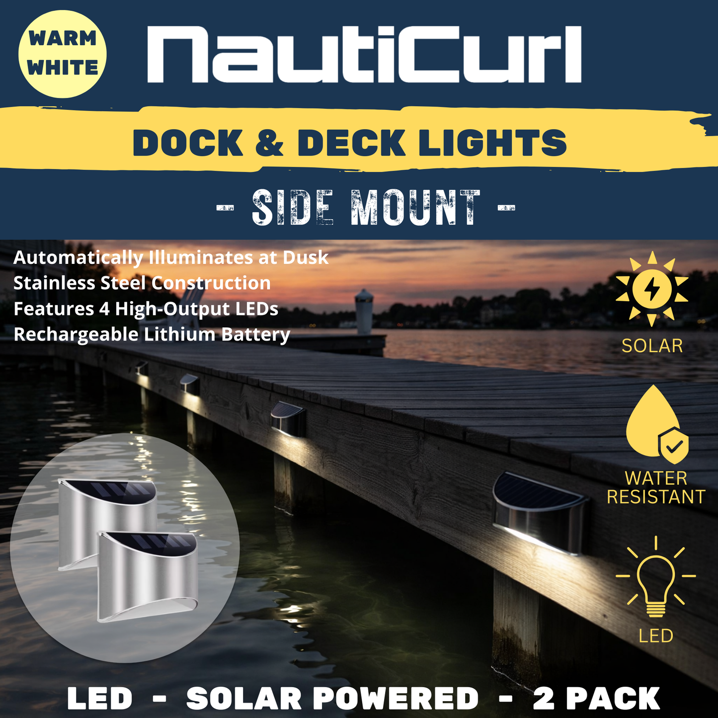 LED Dock & Deck Side Mount Lights - Solar Powered Light (2-Pack)