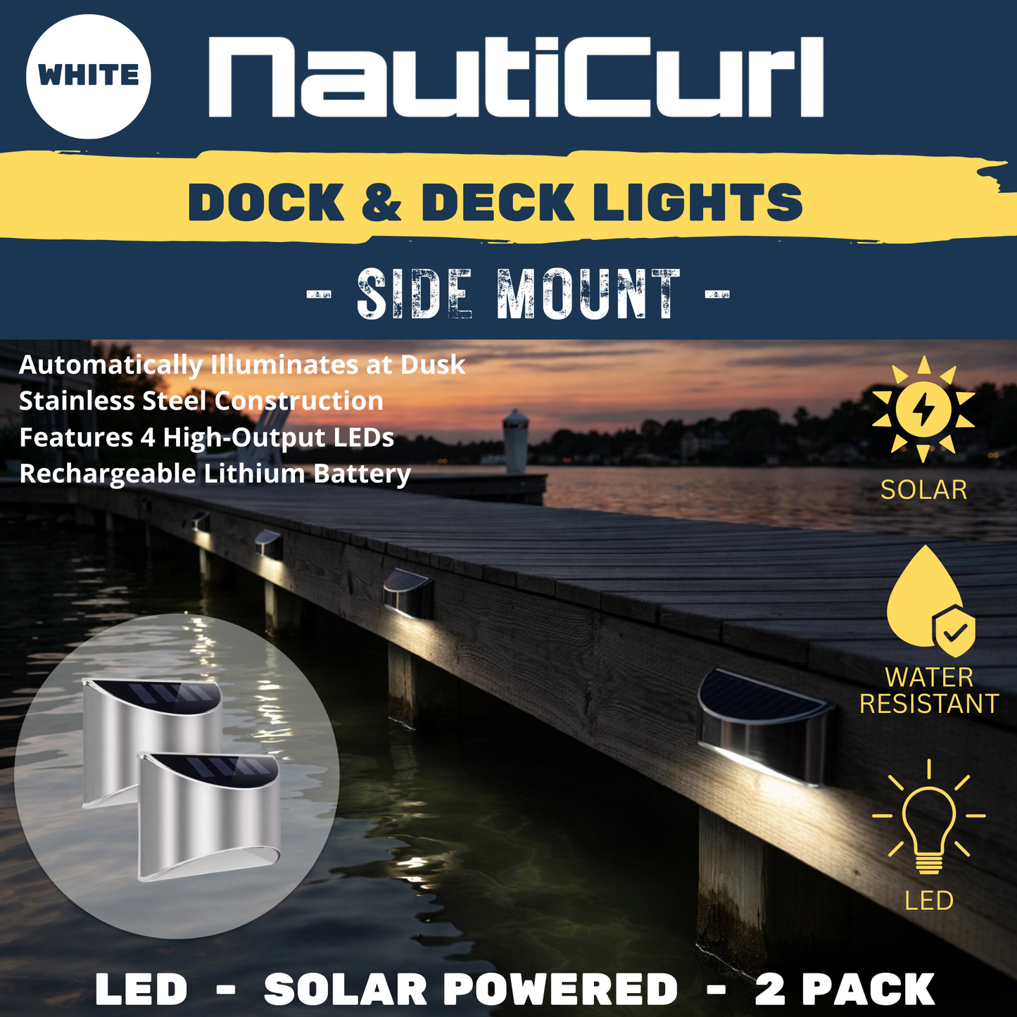 LED Dock & Deck Side Mount Lights - Solar Powered Light (2-Pack)