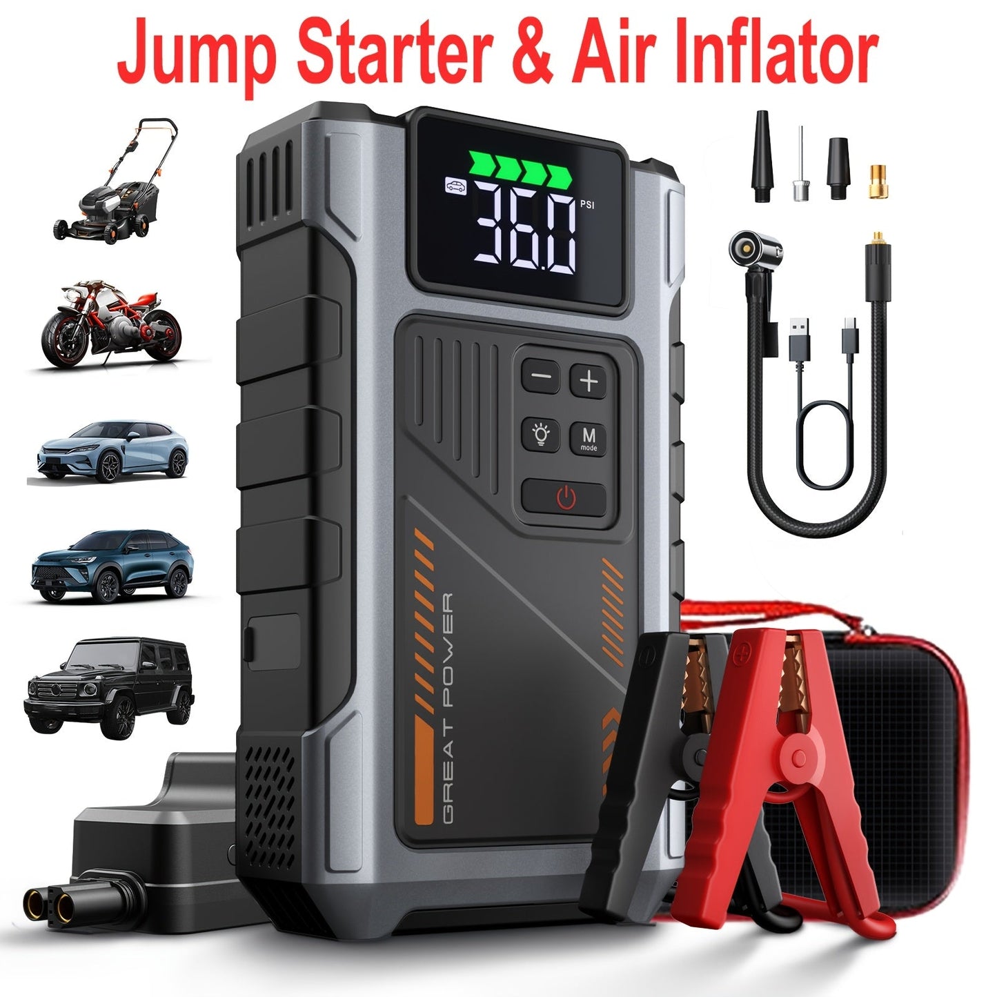 9-in-1 Portable Jump Starter with Air Compressor 12V Car Battery Booster USB LED