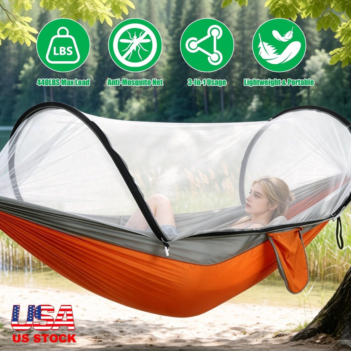 Camping Hammock with Mosquito Net 3-in-1 Portable 440lbs