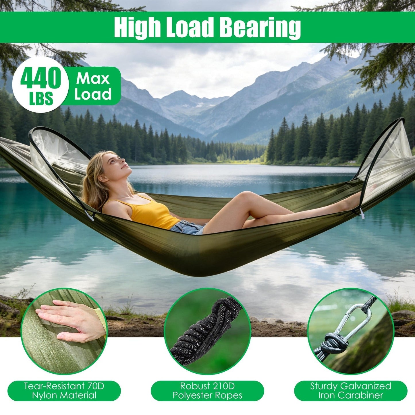 Camping Hammock with Mosquito Net 3-in-1 Portable 440lbs