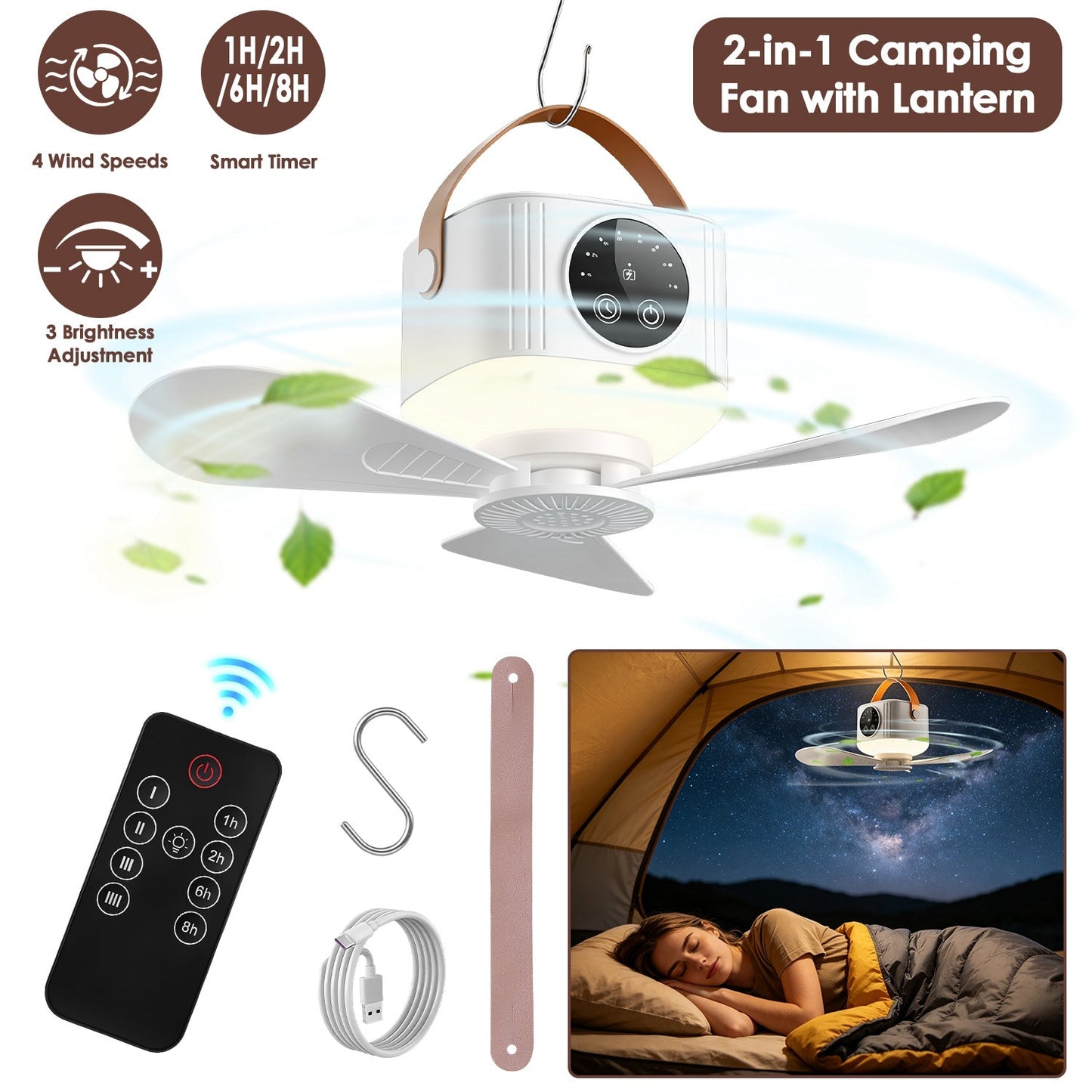 Rechargeable Tent Ceiling Fan with LED Light & Remote Control