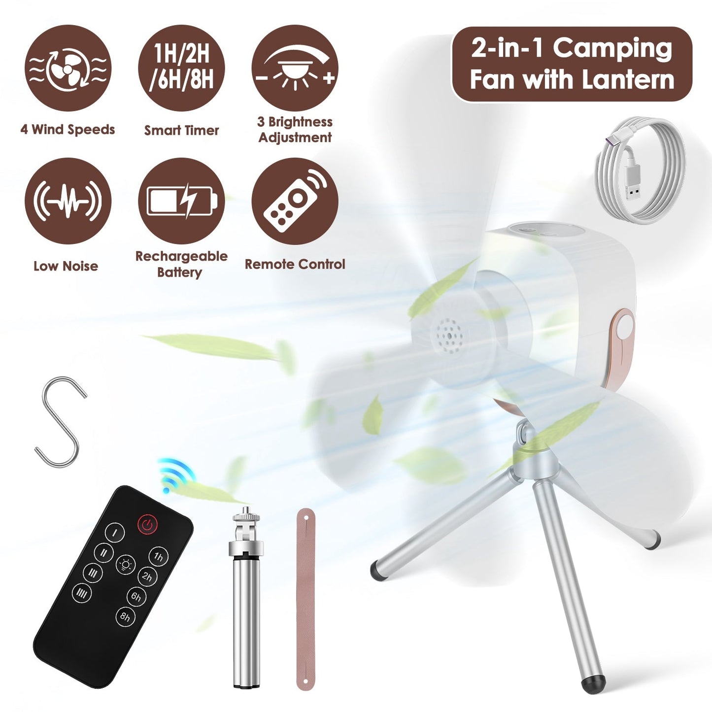Rechargeable Tent Ceiling Fan with LED Light & Remote Control