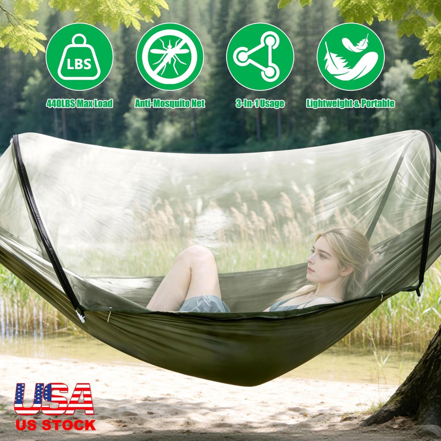 Camping Hammock with Mosquito Net 3-in-1 Portable 440lbs