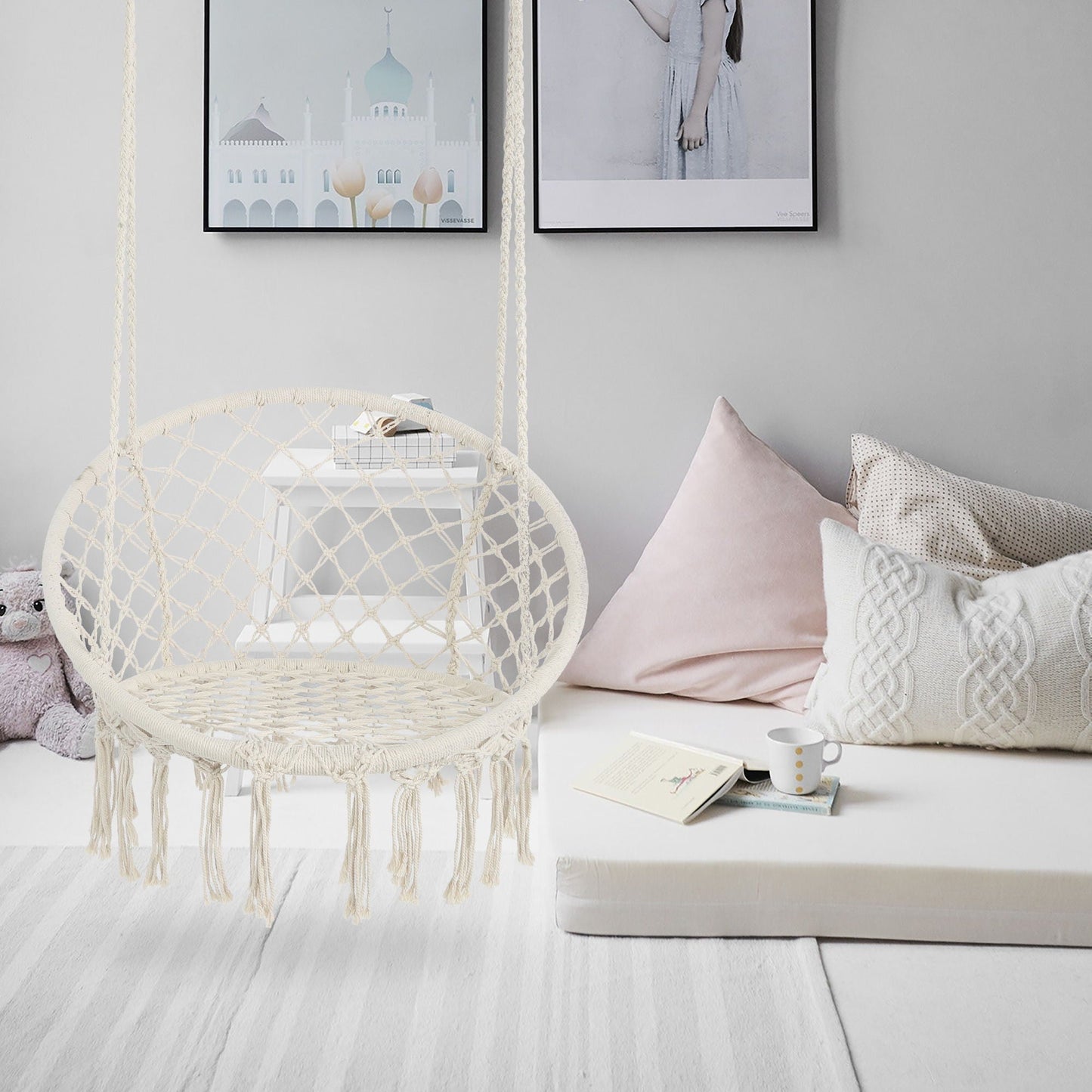 Macrame Hanging Hammock Chair, Rope Swing For Indoor And Outdoor Use