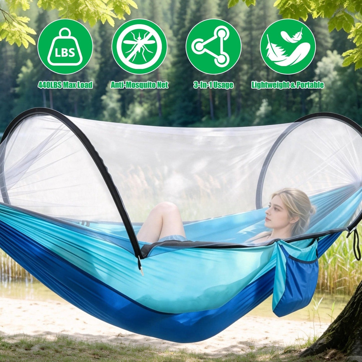 Camping Hammock with Mosquito Net 3-in-1 Portable 440lbs