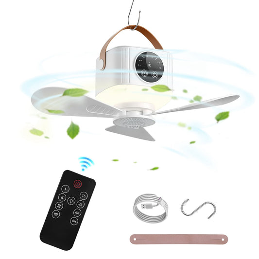 Rechargeable Tent Ceiling Fan with LED Light & Remote Control