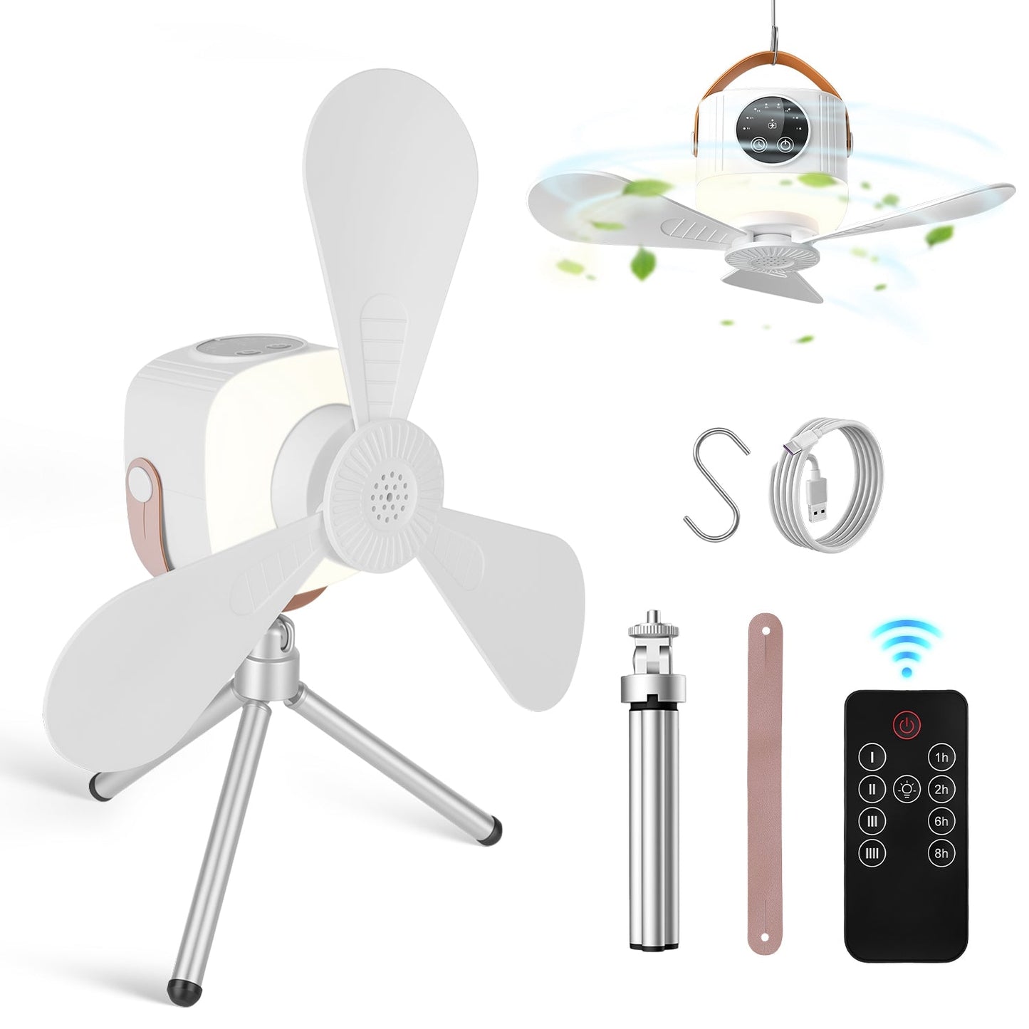 Rechargeable Tent Ceiling Fan with LED Light & Remote Control