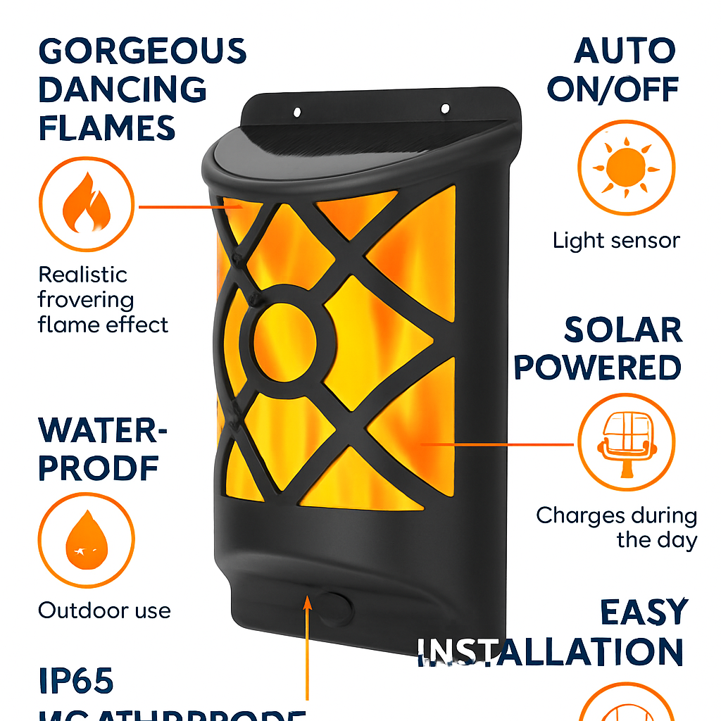 Flame Solar Lights Outdoor 96 LEDs Waterproof Flickering Flame Wall Mount Lamp Auto On Off Sensor Decorative Landscape Night Lamp For Deck Patio Yard