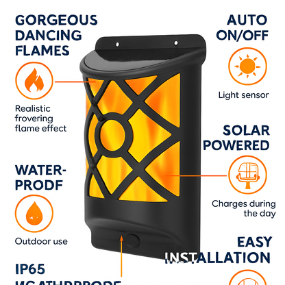 Flame Solar Lights Outdoor 96 LEDs Waterproof Flickering Flame Wall Mount Lamp Auto On Off Sensor Decorative Landscape Night Lamp For Deck Patio Yard