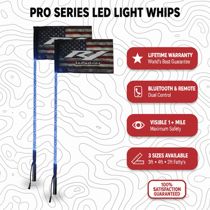 R1 Industries Pro Series LED Light Whips – Bluetooth & RF Remote, IP67, Lifetime Warranty