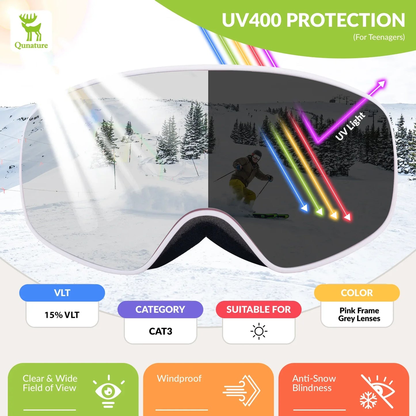 Kids Anti-fog Ski Goggles with UV400 Protection for Pre-teens & Teenagers