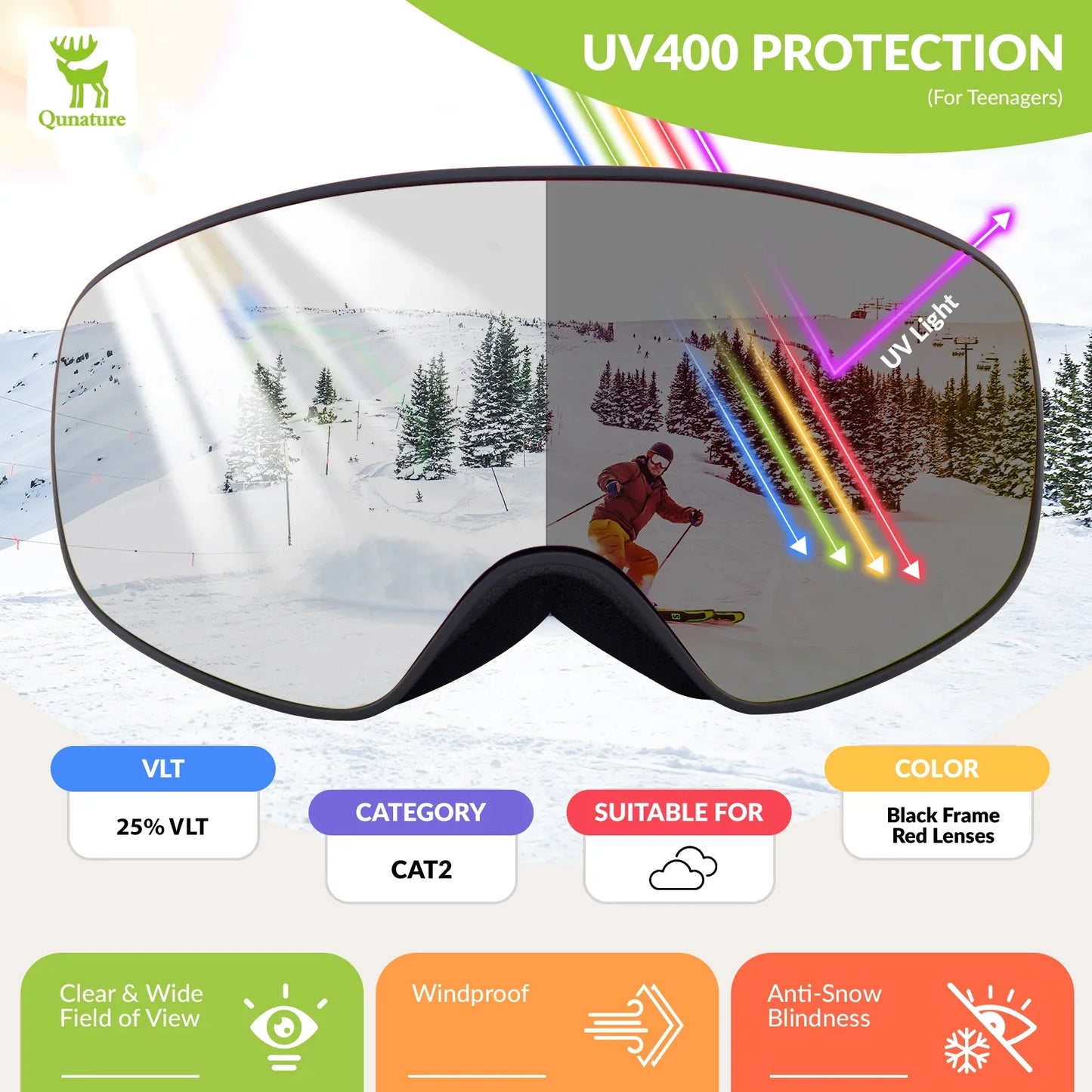 Kids Anti-fog Ski Goggles with UV400 Protection for Pre-teens & Teenagers
