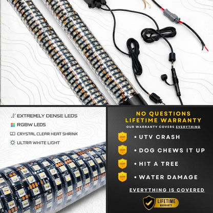 R1 Industries Pro Series LED Light Whips – Bluetooth & RF Remote, IP67, Lifetime Warranty